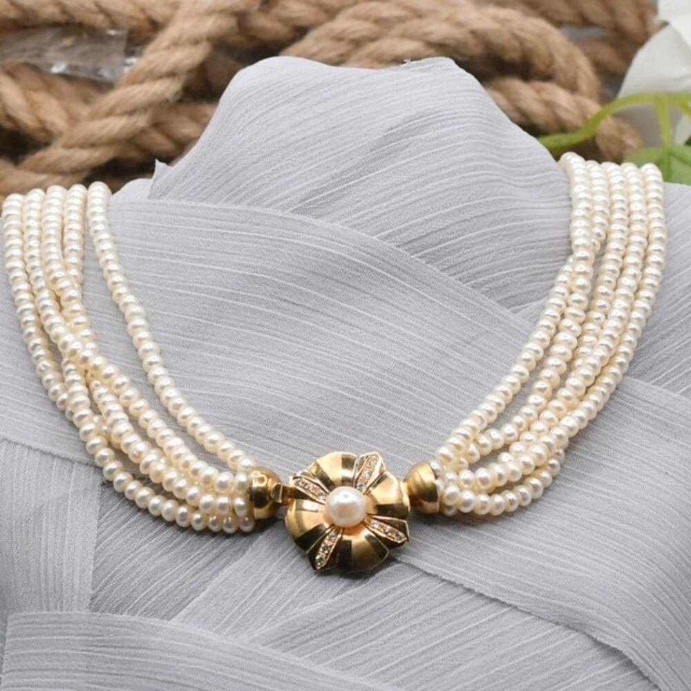 Vintage 14K Yellow Gold 12 Diamond Flower 5 Strand Cultured Pearl Necklace